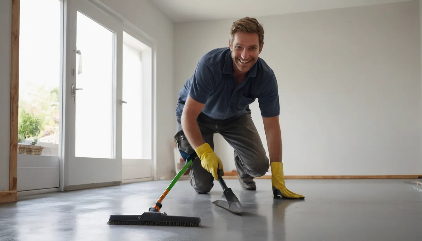 Provider applying coating to a clean concrete basement floor in a Sacramento home