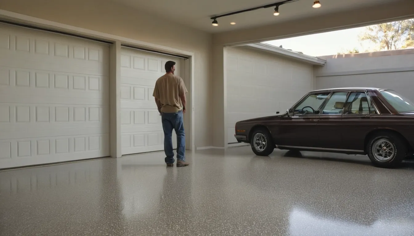 Epoxy garage floor with colored flakes in a Sacramento home garage